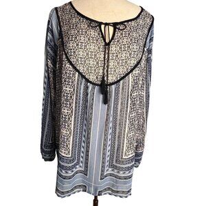 Rose & Olive women 1X round neck tie tassels long sleeve geo blue black sheer